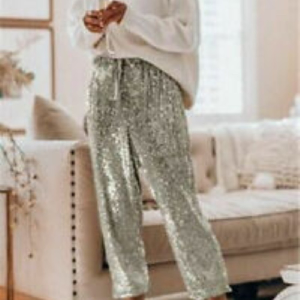 Silver Sequin Drawstring Crop Trousers sz xl waist 27.1”rise 9” inseam 32” - Picture 3 of 5